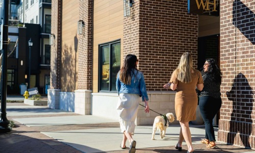 three females and dog walking